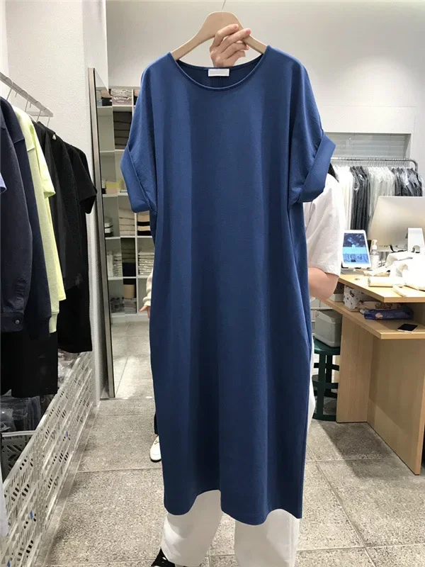 Women's Loose Medium-Length Knee-Length Lazy Cotton Dress with Short Sleeve T-shirt - New Arrival 2025 Summer from Dongdaemun, Korea