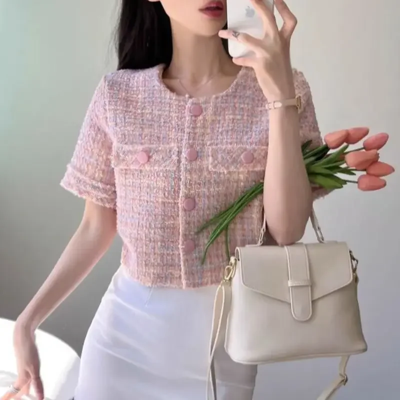 Летняя ретро-куртка, в стиле Chanel, круглый воротник, с коротким рукавом