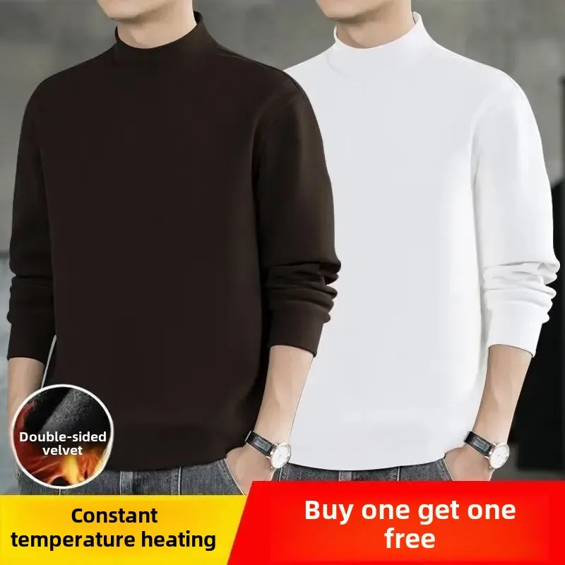 Men's 2024 Autumn Half-Neck Loose Long-Sleeve T-Shirt with Warm Base Layer, Trendy Youth Apparel