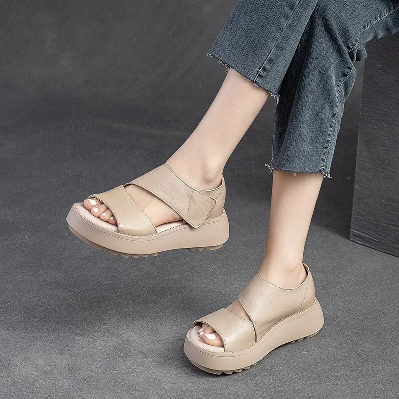 Shanghai Jie shu summer new platform low-top sandals top layer cowhide fish mouth Velcro retro style all-match women's shoes