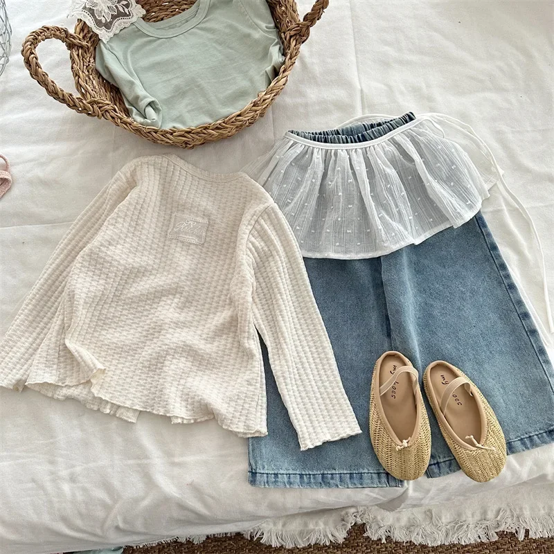Xifan Chunqiu New Children's Solid Color Slim-fit Cardigan Jacket Girls' Korean-style Back Lace Pic Long-sleeved Top