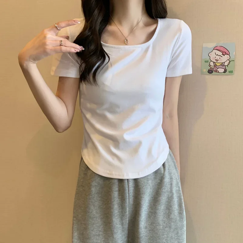 2025 Summer New Korean Style Short Sleeve T-Shirt for Women, Ins Inspired Unique Design Slimming Fit U-Neck Top, Direct Manufacturer Sale