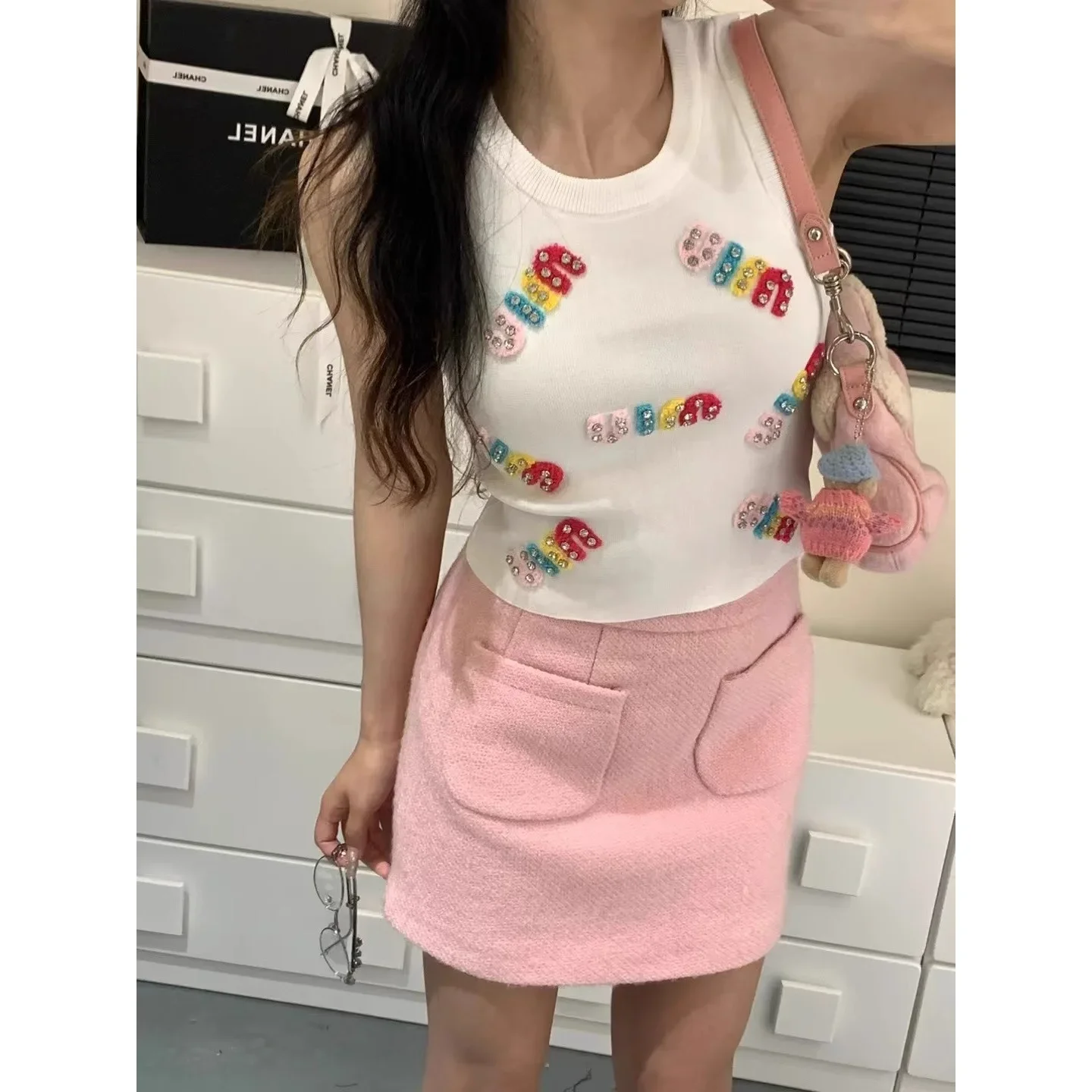 Summer Colorful Diamond-embroidered Knit Tank Top Sleeveless Short Style Slimming Small Figure T-shirt Fashion and Trendy