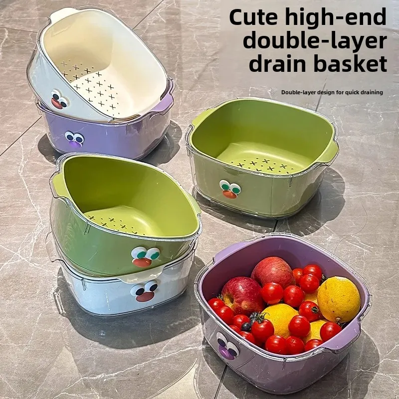 Double Layer New Dopamine Drain Basket Cute Household Fruit and Vegetable Cleaning Basket Two-in-One Thickened Vegetable Washing Basket