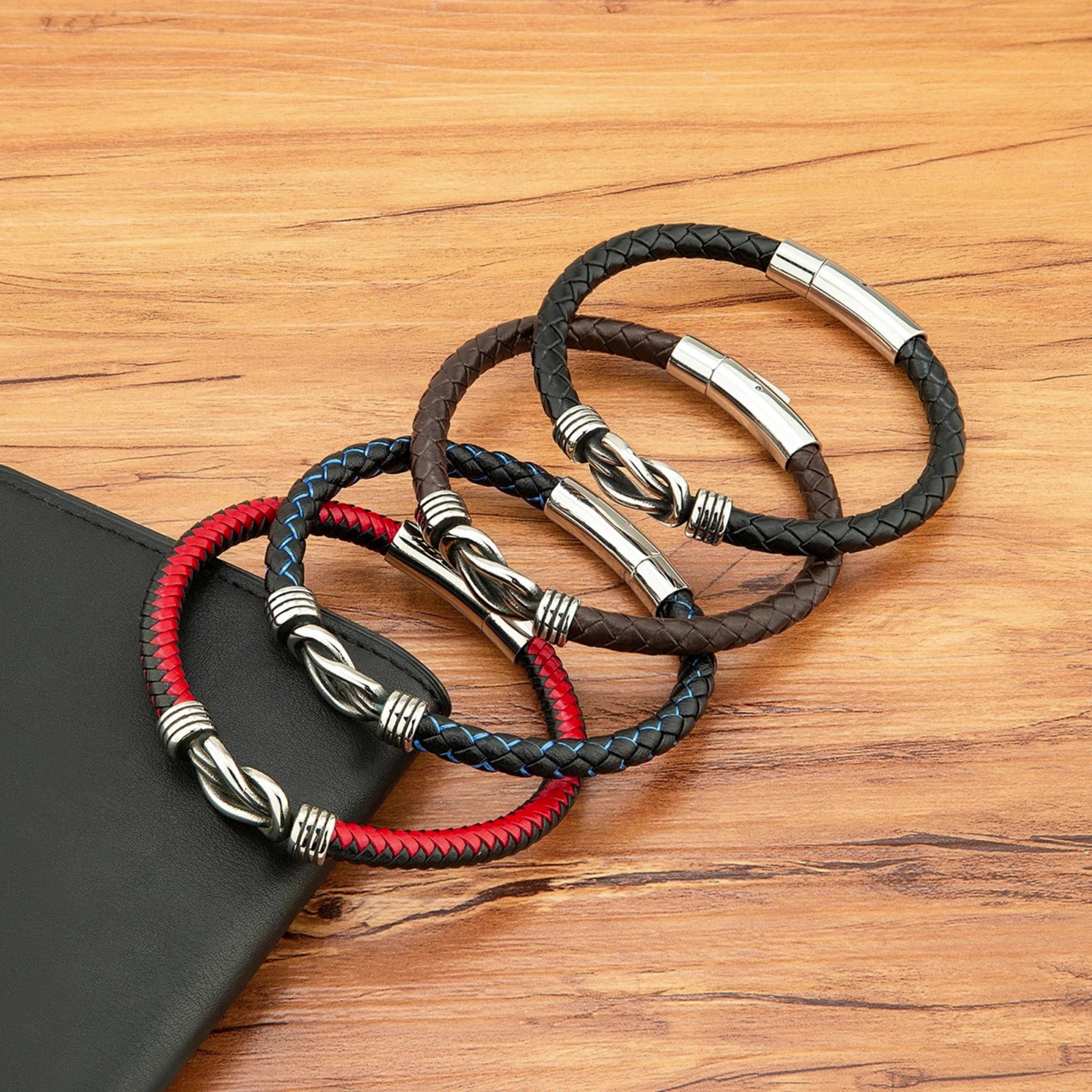 Trendy Design Braided Leather Bracelet Genuine Leather Bangle Wholesale  Steel Hardware Bangle Jewelry for Men 21cm