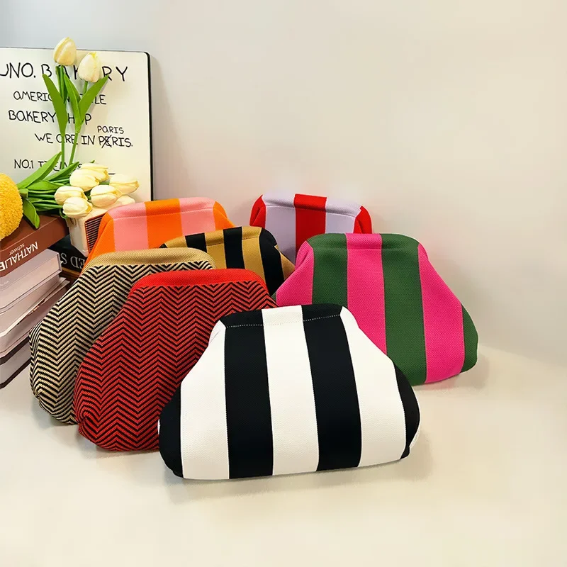2025 Amazon Cross-border New Knitted Handbag Striped Cloud Large Capacity Daily All-match Contrast Color Woven Bag