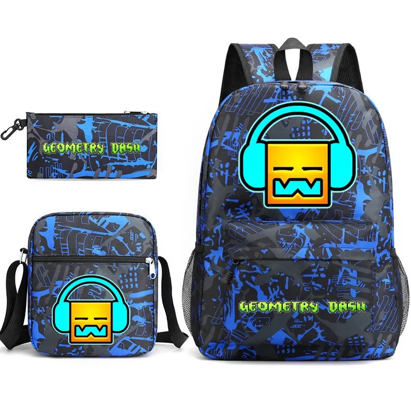 Geometric Sprint Game geometry Dash Three-Piece Set School Bag School Canvas Bag for Boys and Girls Primary and Secondary School Students