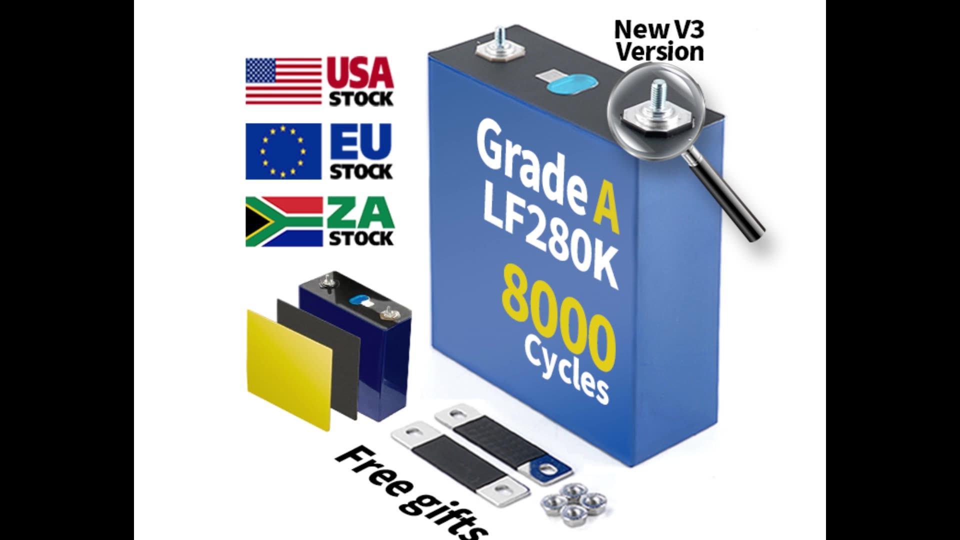 South Africa Shipping Grade A 300ah Lifepo4 Battery Cells 8000 Cycles Lf280k 3.2v Lithium Ion