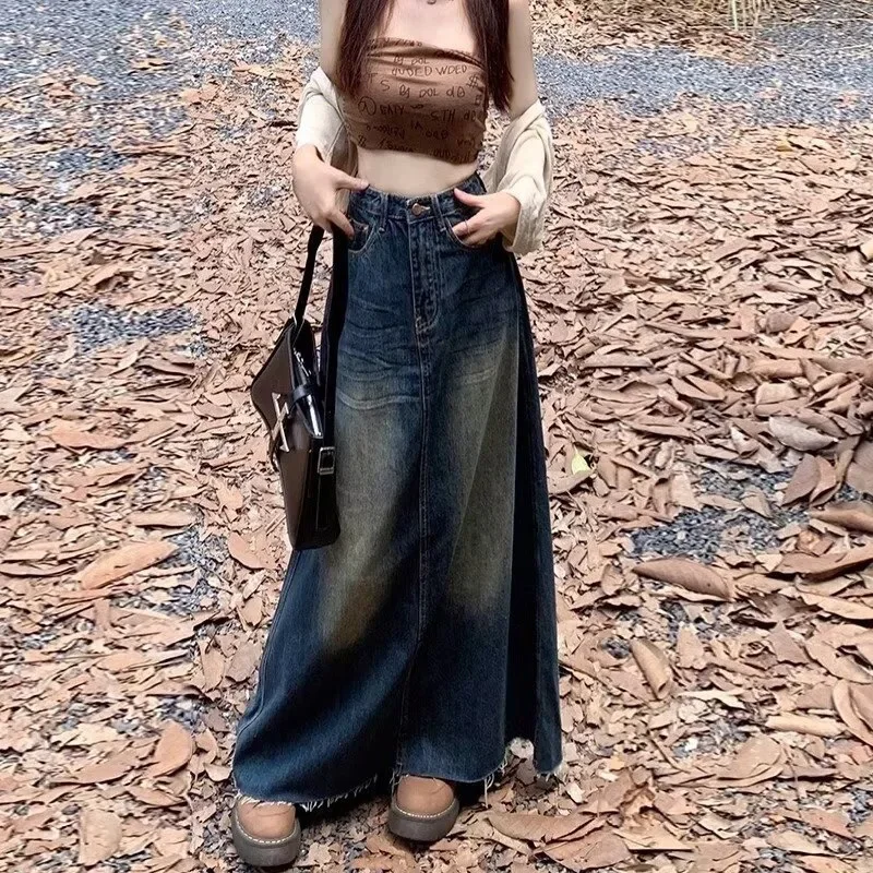 Old Washed Denim Half-Body Skirt for Women, Spring and Autumn Season, Hot Girl Retro Straight A-Line Design Slimming Long Skirt 2407