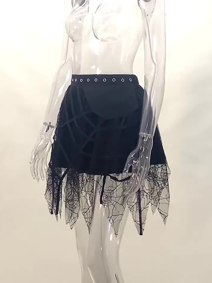 Punk Gothic Costume Skirt 2000s Aesthetic Grunge Lace Spider  High Waist Mini Skirts Y2k