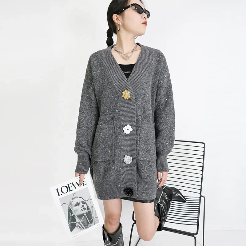 Pin, knitted cardigan, sweater, demi-season thermal underwear, long jacket, plus size, mid-length