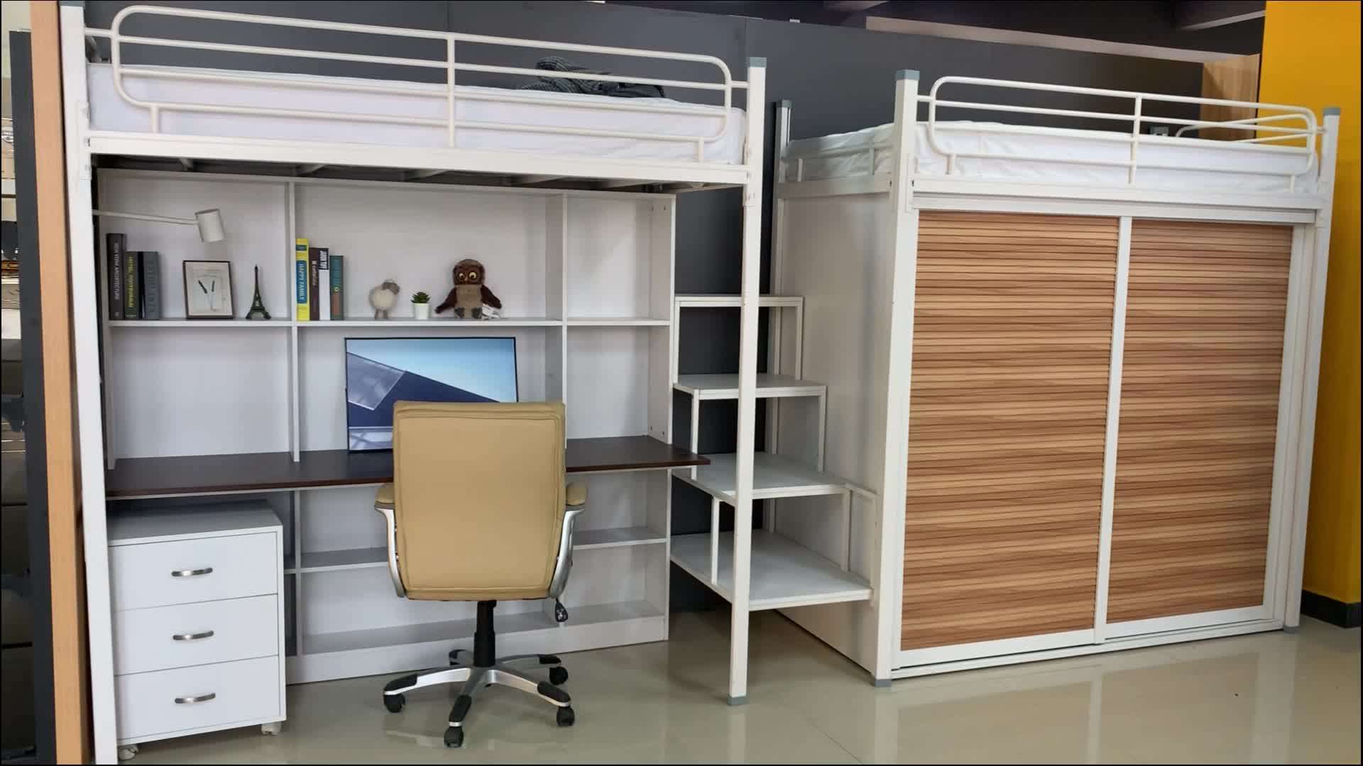 Double Loft Bed With Wardrobe,White Metal Frame Adult Bunk Bed Loft With Storage Stair Iron