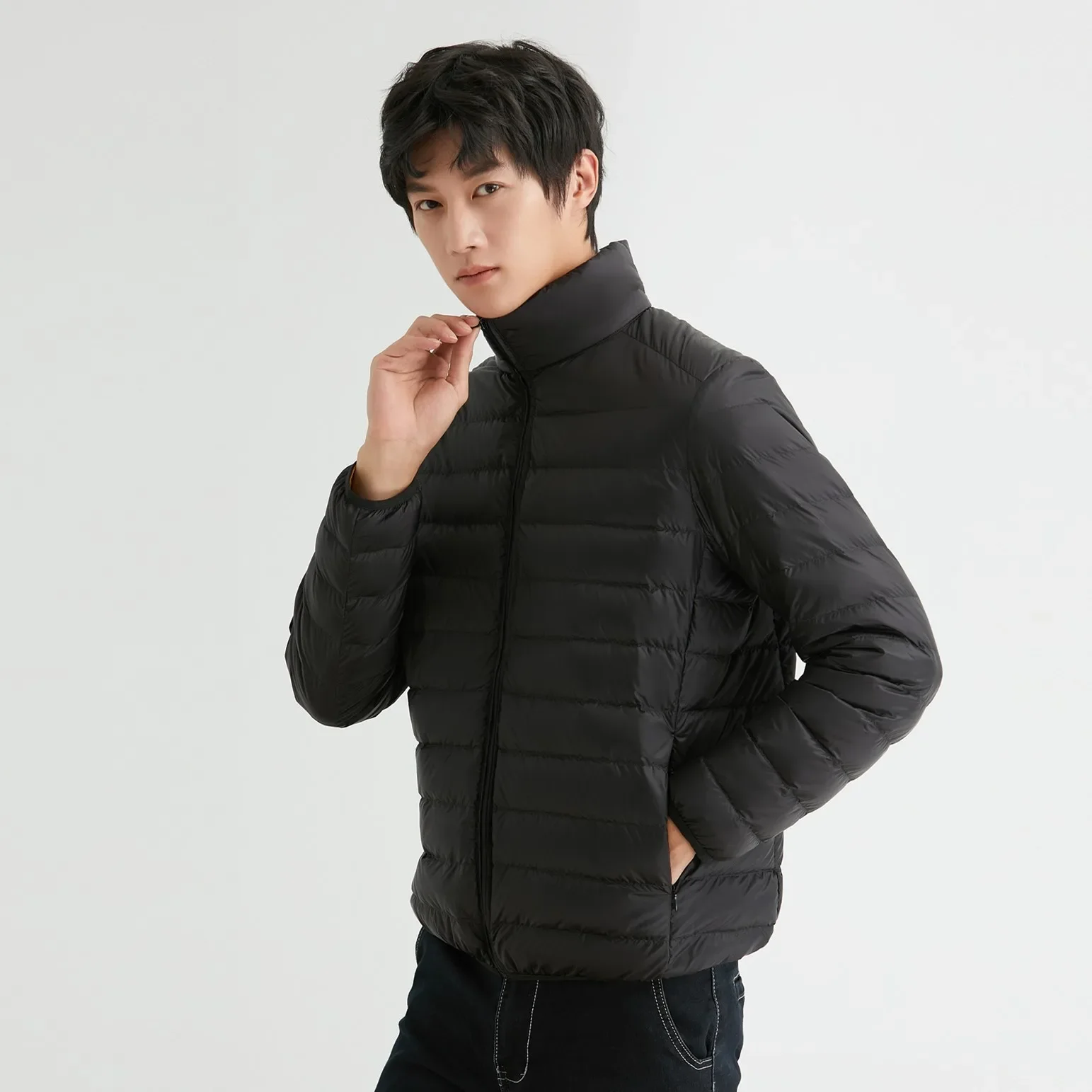 Japanese u brand lightweight feather cotton men's turtleneck 90 white down inner lining  new men's plus size winter coat outerwear
