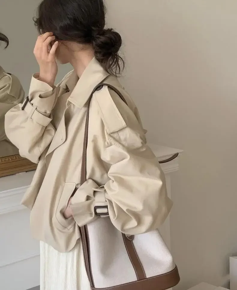 South Korea Chic Autumn French Retro Dress Collar Two Buckle Loose Casual Long Sleeve Short Coat Coat Women