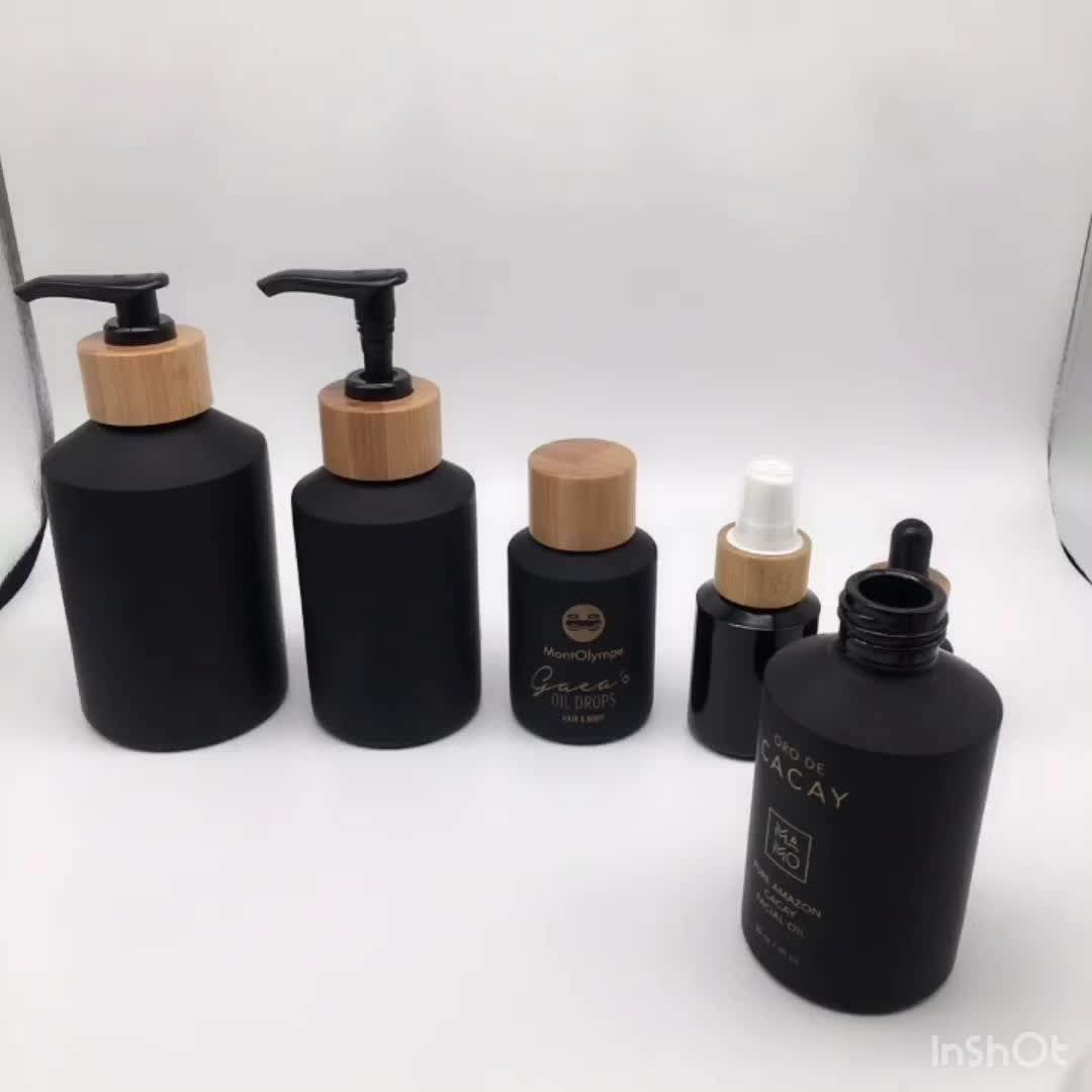 Cosmetic bottle and jar set series matte black slant shoulder glass