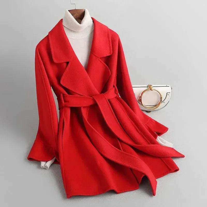Double-Sided Cashmere Outwear Short 2024 New Classy Elegant Lace-Up Slim Red Woolen Outwear for Women