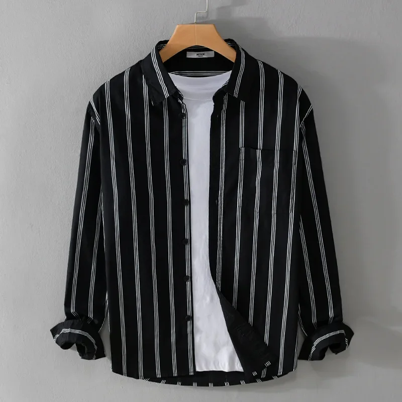 Spring and Autumn men's striped simple long-sleeved shirt trendy casual loose business Youth All-matching men's shirt 9672