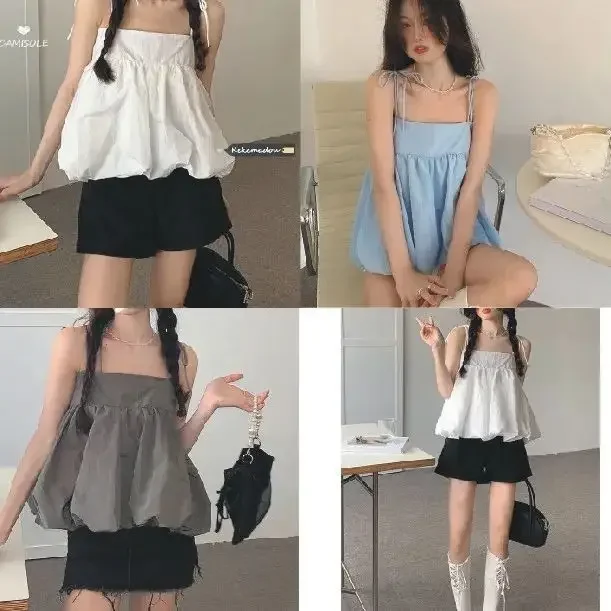 Sister's Shirt Small Strappy Women's Summer  New Bandage Loose Small Backless Top Pure Color Sweet Pom Pom Top