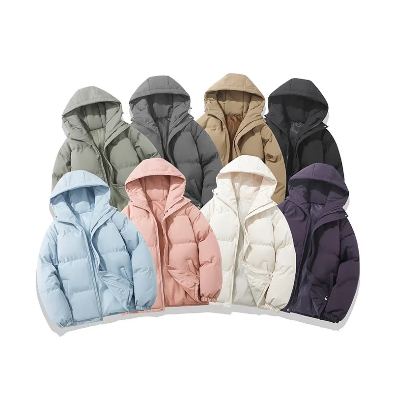 Cross-border Trendy Winter New Cotton Coat Men's Coat Solid Color Hooded Thickened Bread Clothes Warm All-match Cotton Coat for Couple