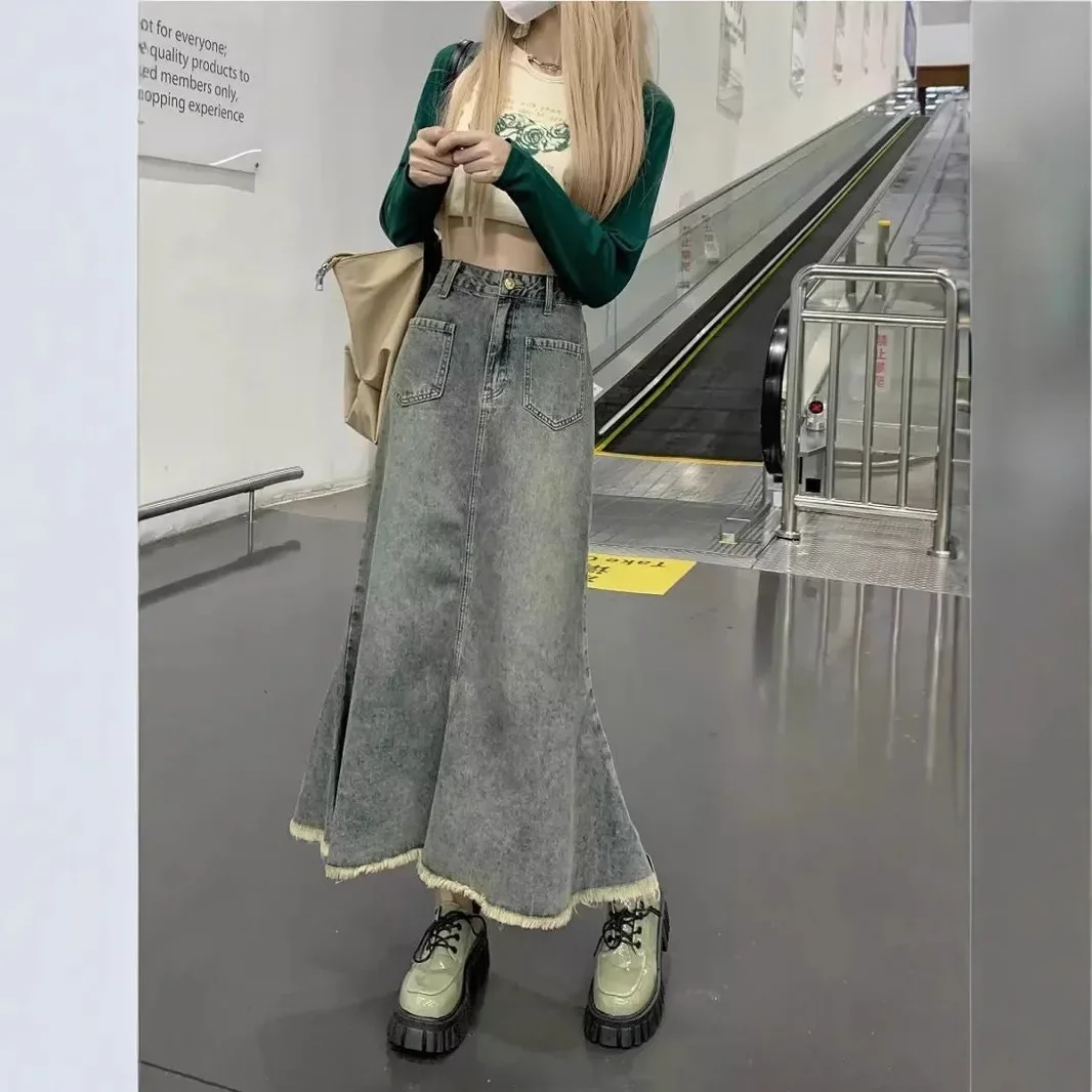 Retro long design denim skirt
