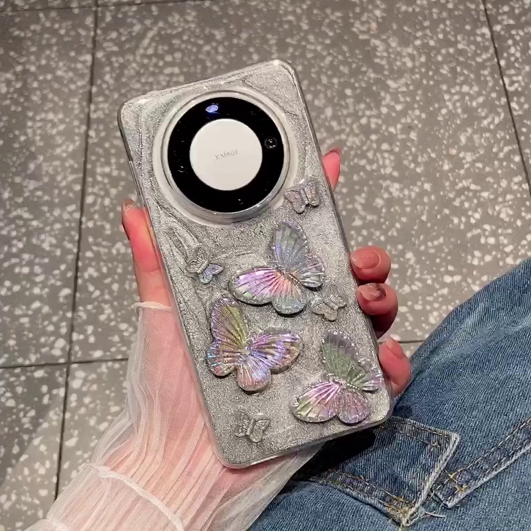 华为Mate60 Pro特别！ins风灰色滴胶立体蝴蝶移动硬件壳、情侣款防摔新宠