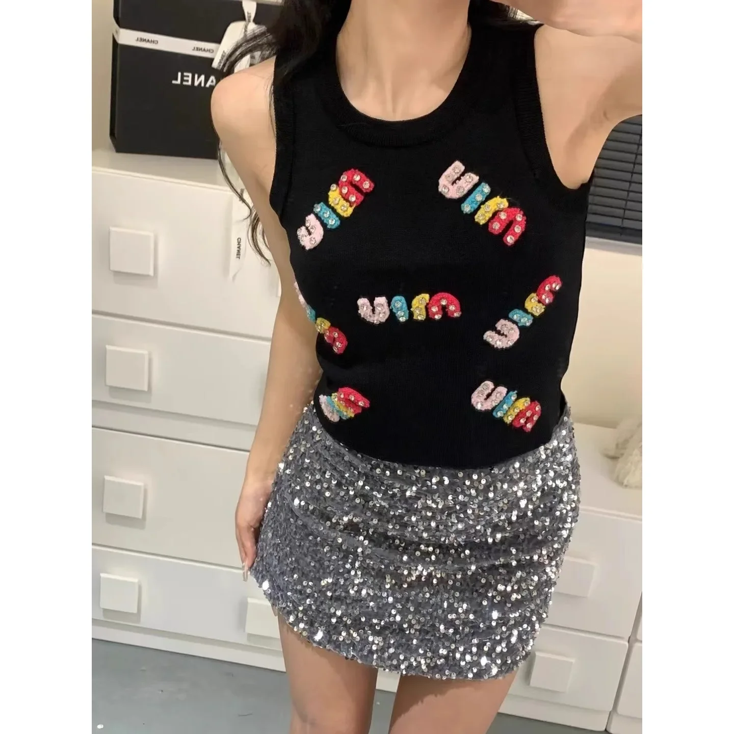 Summer Colorful Diamond-embroidered Knit Tank Top Sleeveless Short Style Slimming Small Figure T-shirt Fashion and Trendy
