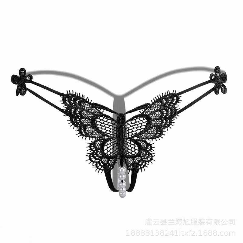 Sexy Underwear Lace Embroidered Leb thong T-pants Women's One Rope Transparent Open File Sexy Pearl Massage