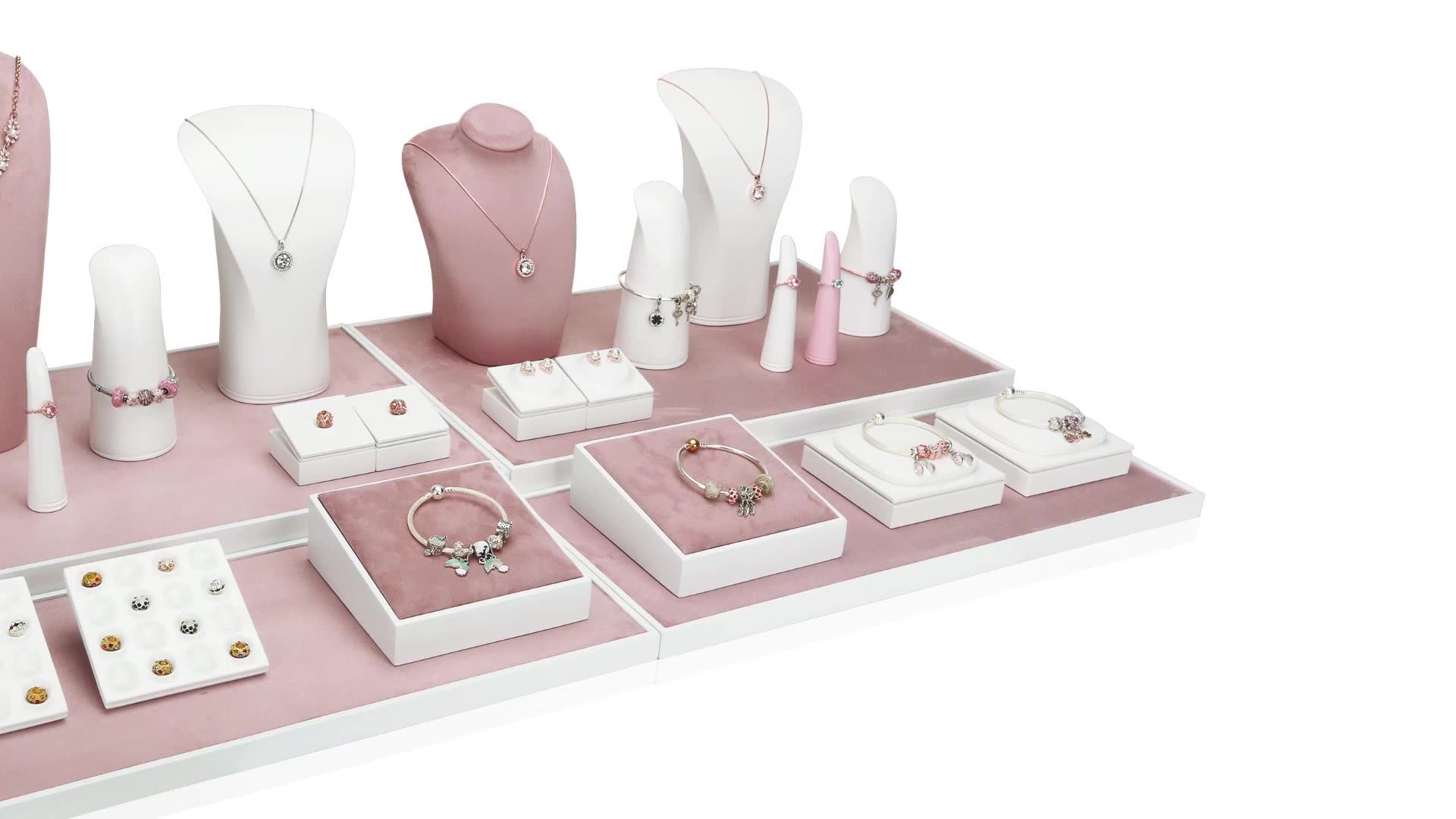 Pink Jewelry Display Set Stand Custom For Counter Showcase Ring Bust Necklace Bracelet Bead