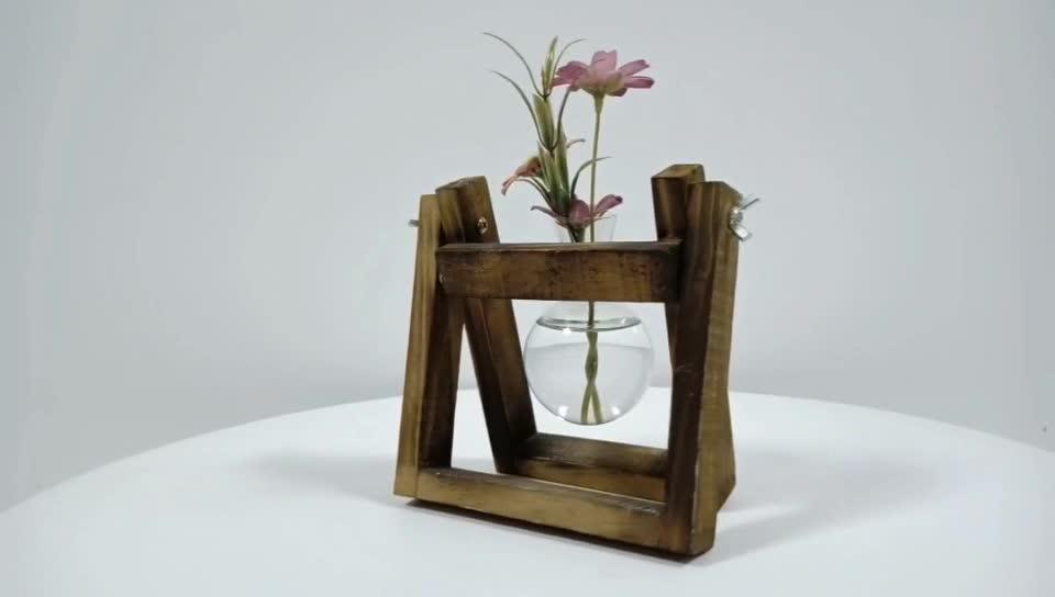 Vintage Shelf 3 Pc Clear Blown Glass Vase Hanging With Wooden Stand