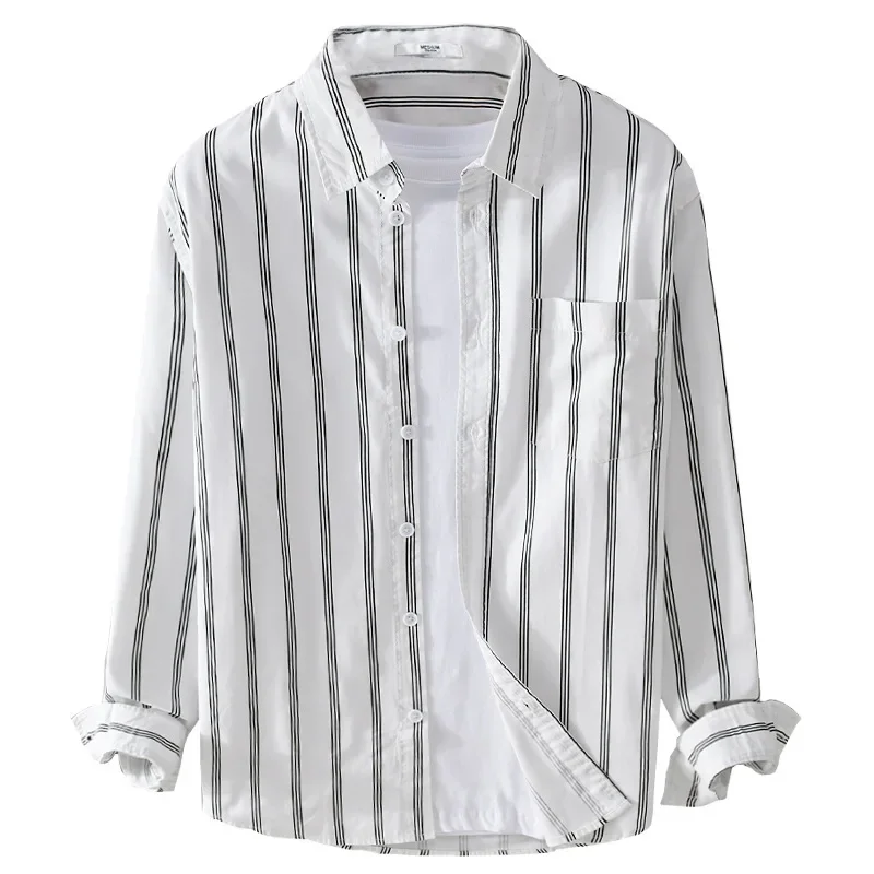 Spring and Autumn men's striped simple long-sleeved shirt trendy casual loose business Youth All-matching men's shirt 9672
