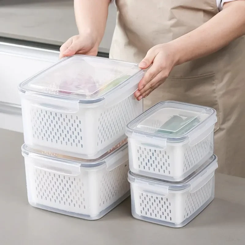 FCM Certified Japanese Double-layer Refrigerator Drain Fresh-keeping Box Kitchen Freezing Drain Fresh-keeping Box Food Grade Storage Box