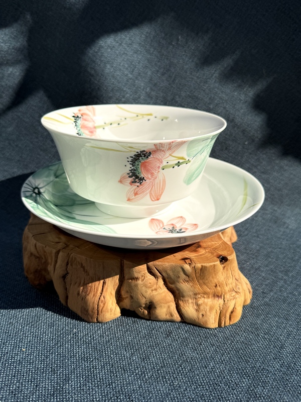 Jingdezhen High-Temperature High-White Porcelain Hand-Painted Underglaze Pink Lotus 6.5inch-Sided Bowl Soup Bowl Healthy Rice Bowl