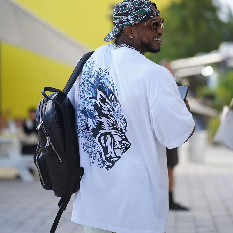 Daliangge White Wolf Head Combed Cotton Short-Sleeve T-Shirt (European and American Sizes)