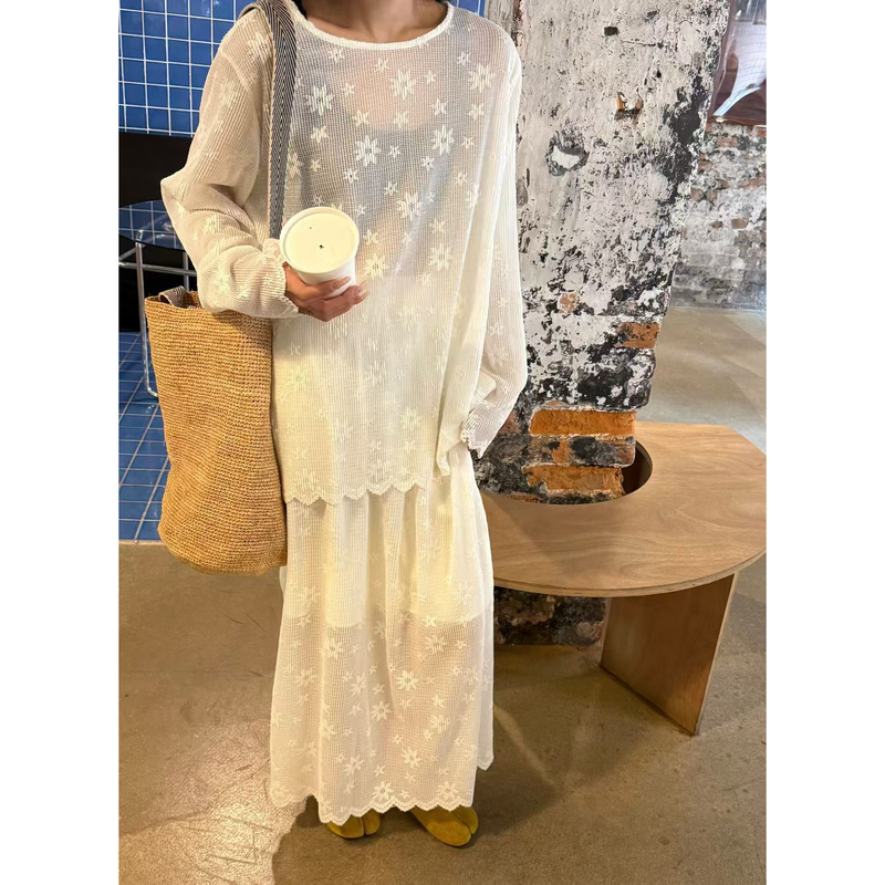 Korean-Style Lace Long-Sleeved Top + Lace Skirt 2026 Spring and Summer New Style Loose Slimming Versatile Set