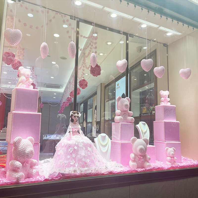 Spring Season Jewelry Store Window Decoration Scene Setup Display Floor-Standing Creative Trendy Gold Store Props Pink