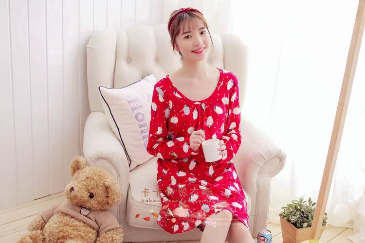 Mùa xuân và mùa hè phần mỏng ladies nightdress cộng với chất béo kích thước lớn vòng cổ dài tay váy đan nightdress đồ ngủ Châu Âu mã đơn giản ...