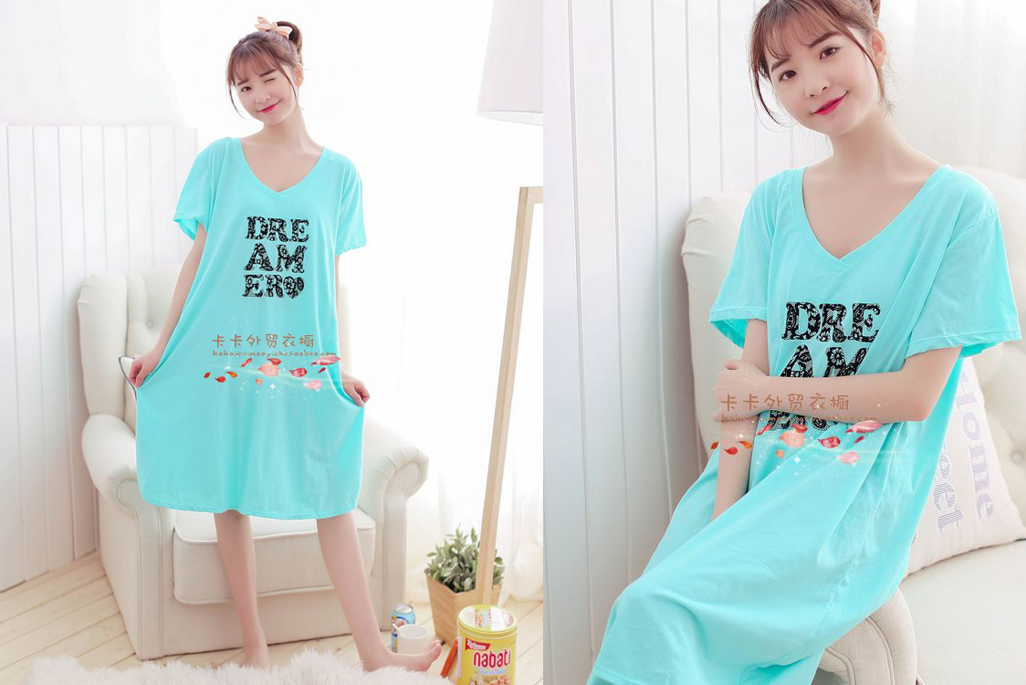 Đồ ngủ nữ mùa xuân và mùa hè ngọt ngào dễ thương ngắn tay nightdress vòng cổ bông dịch vụ nhà kích thước lớn thai sản dress cộng với chất béo váy