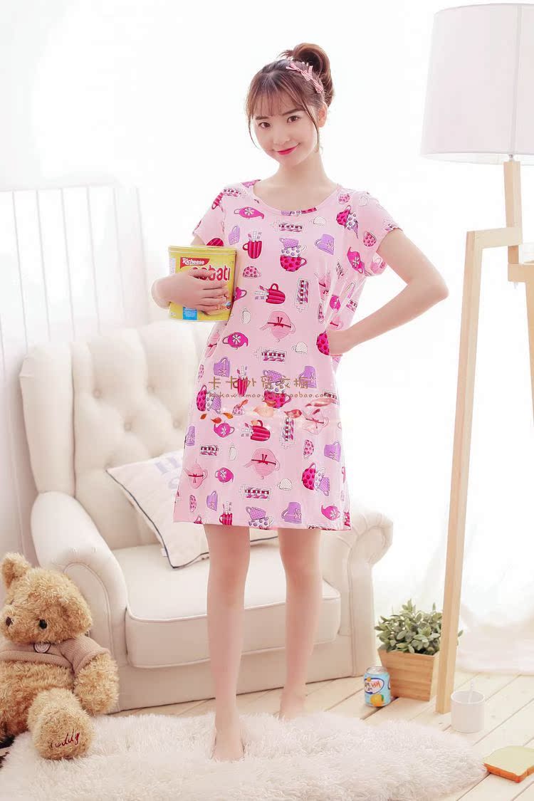 Đồ ngủ nữ mùa xuân và mùa hè ngọt ngào dễ thương ngắn tay nightdress vòng cổ bông dịch vụ nhà kích thước lớn thai sản dress cộng với chất béo váy