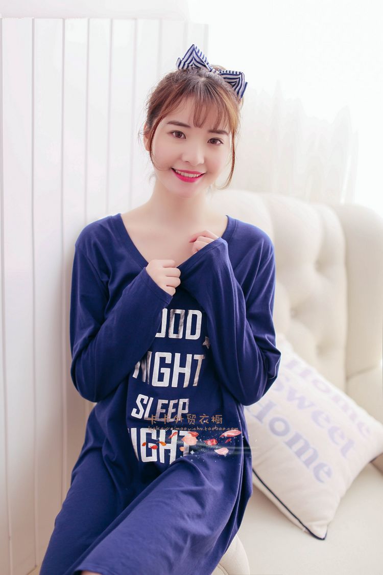 Mùa xuân và mùa hè phần mỏng ladies nightdress cộng với chất béo kích thước lớn vòng cổ dài tay váy đan nightdress đồ ngủ Châu Âu mã đơn giản ...