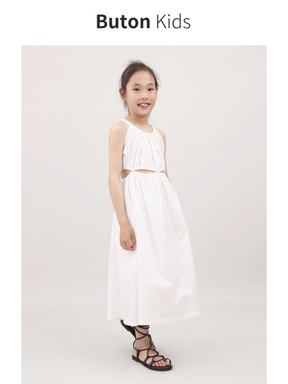 1-3折Kids女童白色腰间镂空连衣裙夏季新款全棉气质长裙亲子装潮