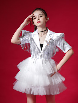 Girls' Catwalk Dress Model Trendy Clothing White Stage Performance Dress Tutu Skirt Girl Piano Host Performance Clothing