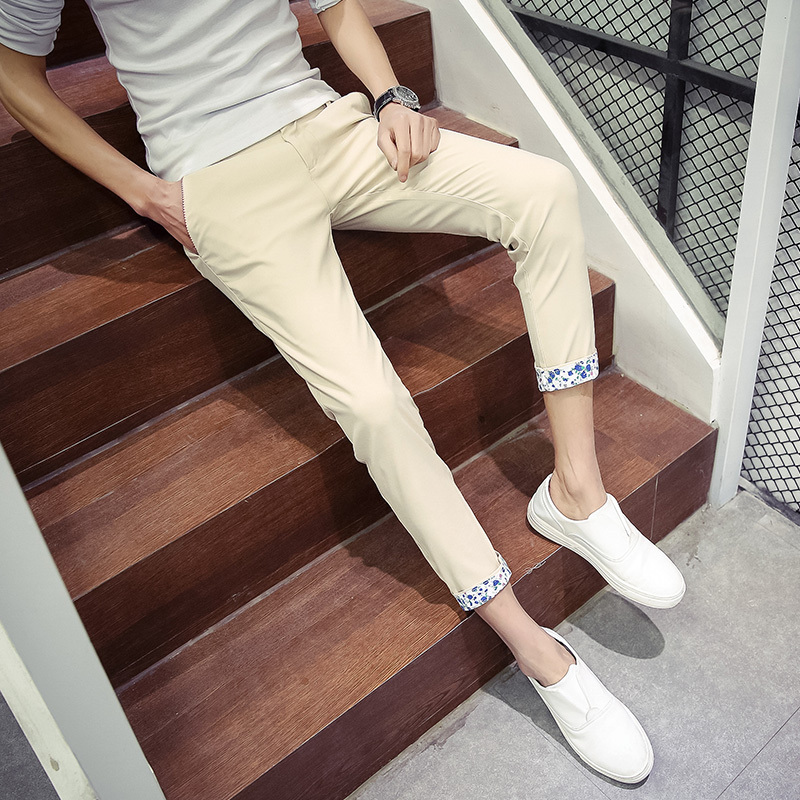 2026 Summer Printed Men's Slim Fit Casual Pants Thin Solid Color Tapered 9/10 Length Pants Versatile Trendy Men's Pants