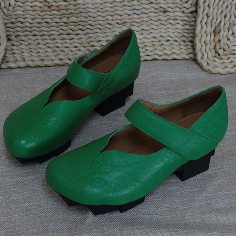 Fengmei Songqing Original Flower Pot Sole Palace-Style Women's Shoes, Green Genuine Leather Single Shoes, Women's Chunky Heel, First Layer Cowhide, Exclusive Store