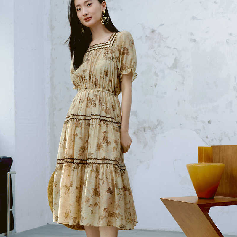 2024 Jimmy Saiou Summer Lyocell Floral Print Pleated Fancy Cable Series Waist Slimming Dress