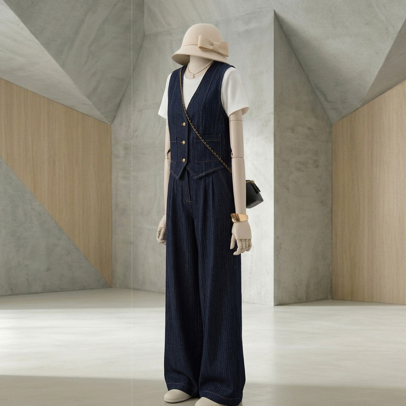 Navy Blue Thin Denim Vest, White T-Shirt, Wide-Leg Pants Three-Piece Set for Women, Summer 2026 New Style, High-End Suit Pants
