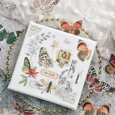 Judy's new handmade vintge hand account material light retro watercolor plant butterfly print white ink