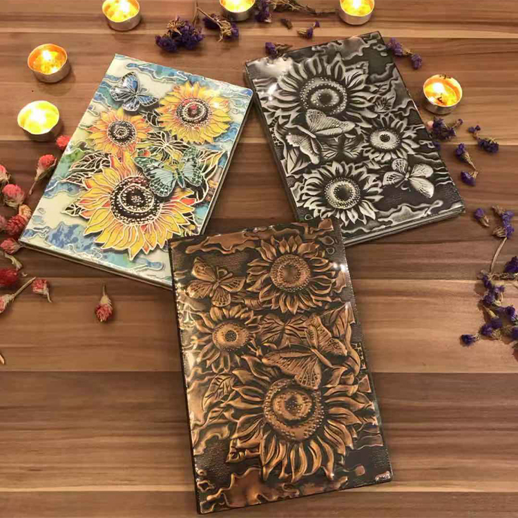 European Stereo Stereo Leather Notebook Business Student Hand Account Notebook Sunflower Relief Diary A5