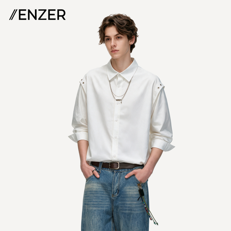 Yenzer American High Street Style Metal Chain Lapel Long-Sleeved Shirt, Unisex, Loose Casual Shirt for Spring and Autumn