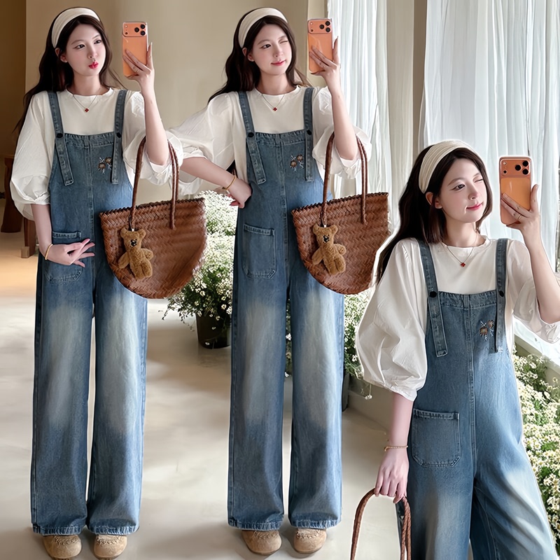 Maternity Spring and Summer Outfit 2026 New Style, Stylish Puff Sleeve Top Two-Piece Set with Denim Overalls That Doesn'T Show Pregnancy