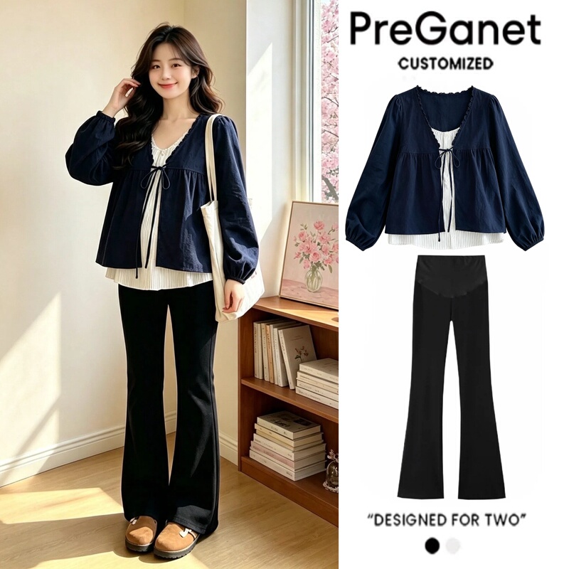 Maternity Outfit, Stylish and Loose-Fitting during Pregnancy, Fake Two-Piece Shirt, Babydoll Shirt, Casual Pants Two-Piece Set, Trendy Mom